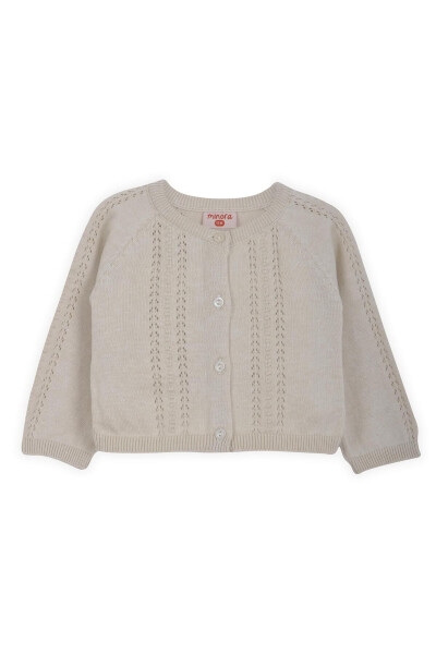 Short, beige knitted baby cardigan with lace and pom-poms. - 1