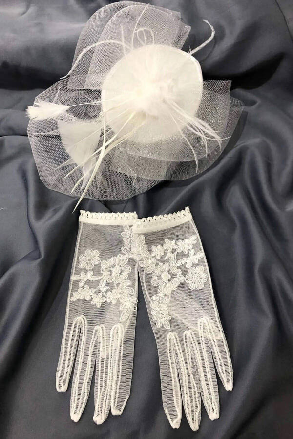 Short Bridal Gloves and Plain Bridal Hat Veil - 5