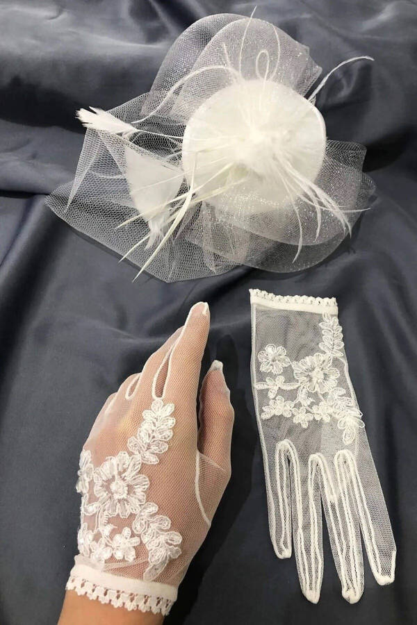 Short Bridal Gloves and Plain Bridal Hat Veil - 6