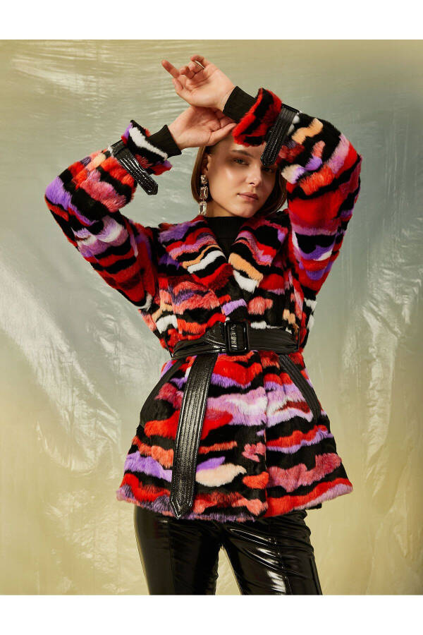 Short plush coat with a colorful belt - 1