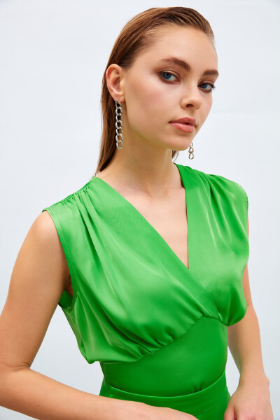 Short Satin Blouse with Lapel - Light Green - 9