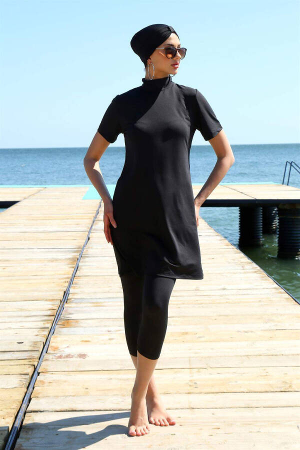 Short Sleeve Black Half Hijab Swimsuit 33015 - 4