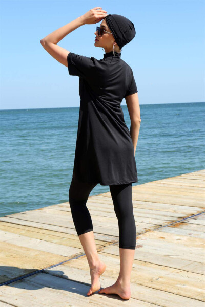 Short Sleeve Black Half Hijab Swimsuit 33015 - 6