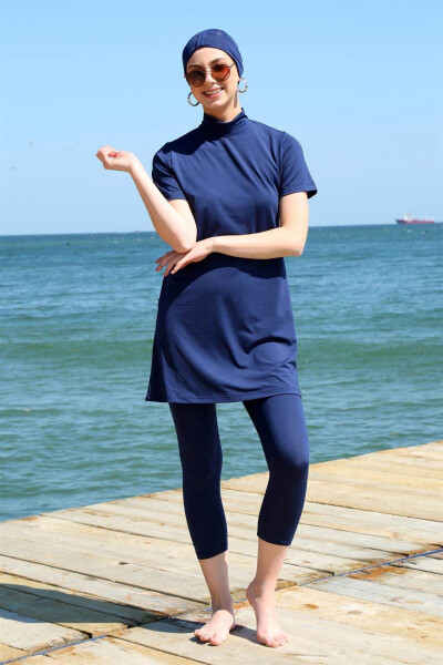 Short Sleeve Navy Blue Half Modesty Swimsuit 33015 - 2