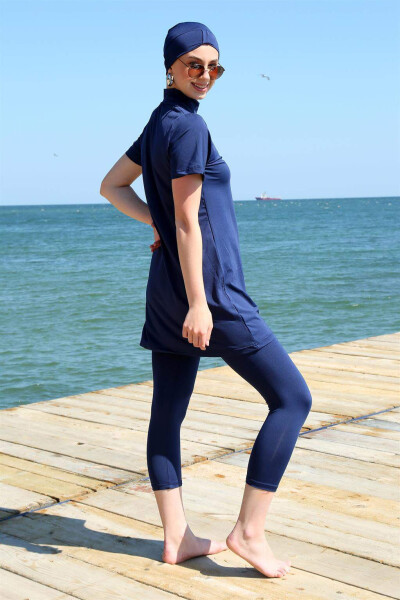 Short Sleeve Navy Blue Half Modesty Swimsuit 33015 - 5