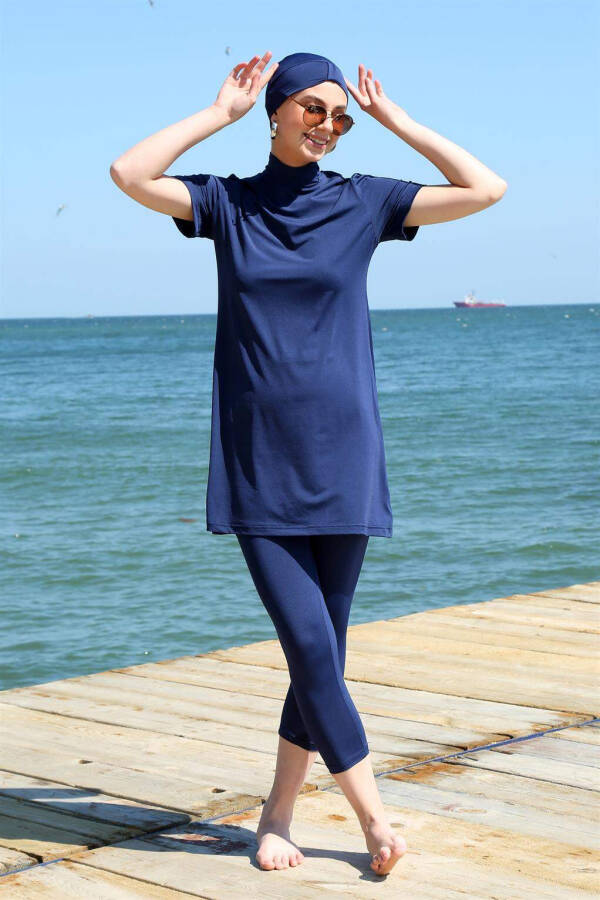 Short Sleeve Navy Blue Half Modesty Swimsuit 33015 - 1