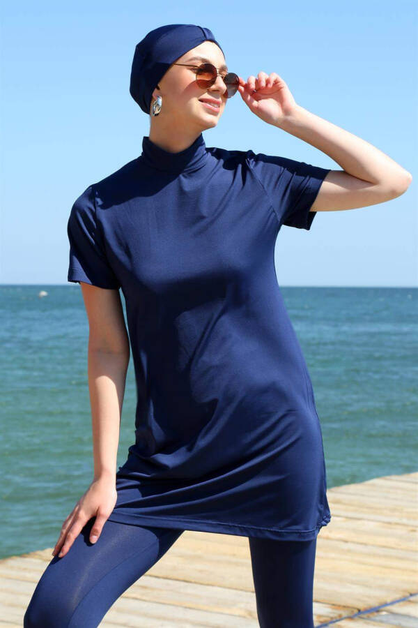 Short Sleeve Navy Blue Half Modesty Swimsuit 33015 - 3