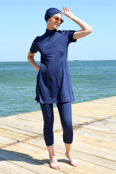 Short Sleeve Navy Blue Half Modesty Swimsuit 33015 - 4