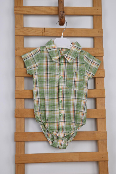 Short Sleeve Poplin Cotton Baby Boy Plaid Shirt Bodysuit 3503s - 3