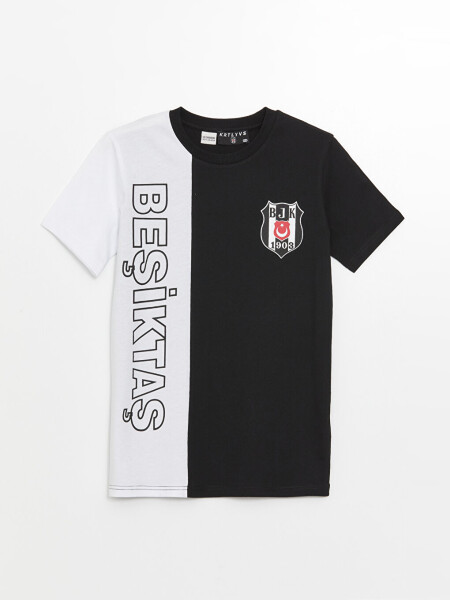 Short-Sleeved Boys' T-Shirt with Bicycle Neck and Beşiktaş Print - 1