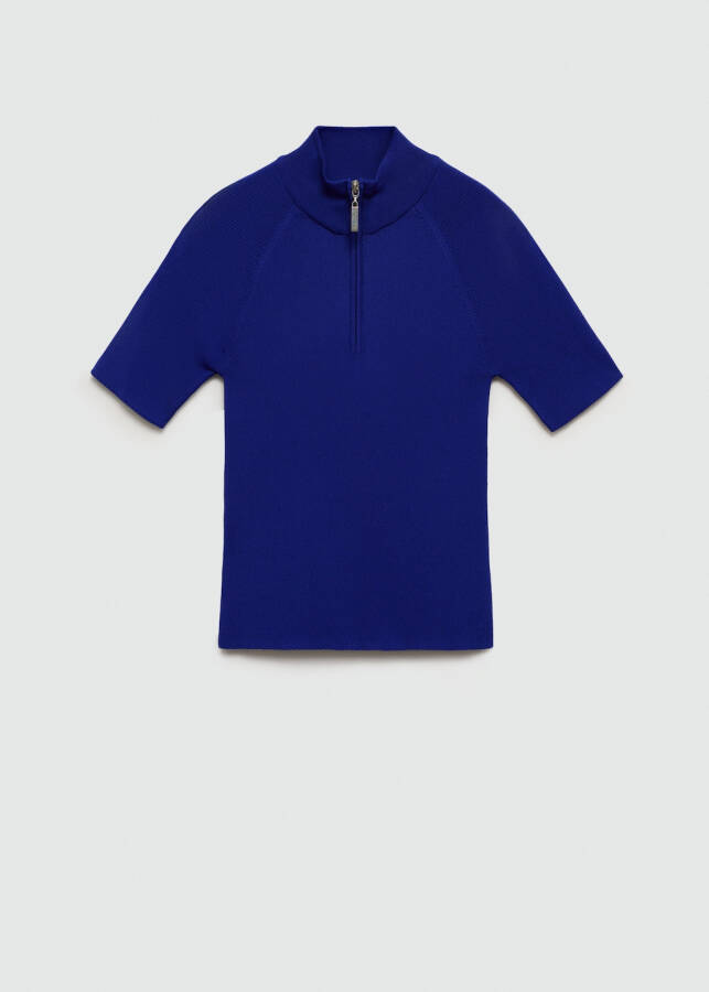 Short-sleeved, zippered, dark blue sweater. - 1