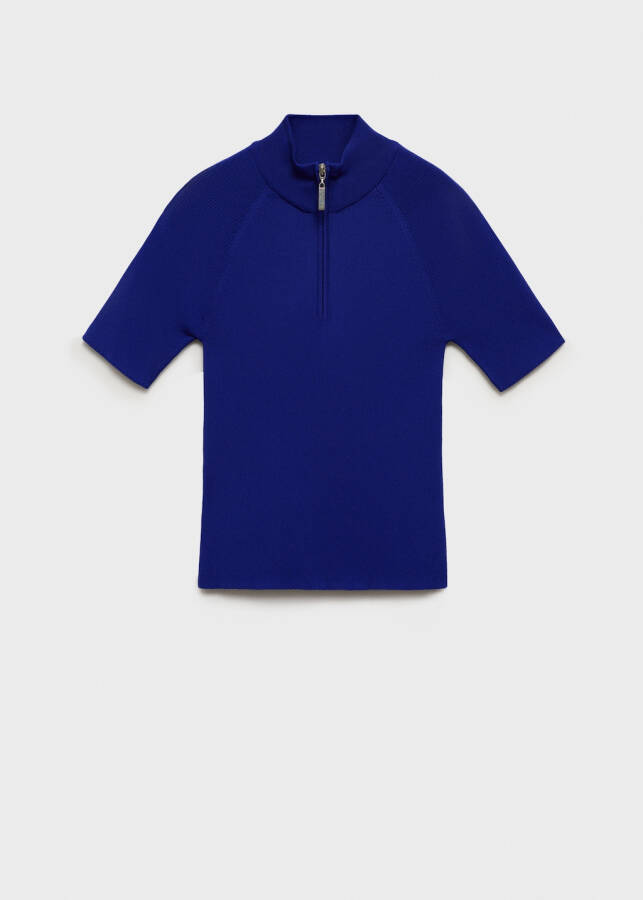 Short-sleeved, zippered, dark blue sweater. - 5