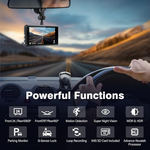 SHRINLUCK 2K Dual Dash Camera for Cars, Free 64G SD Card, FHD 2K+1080P Dash Cam Front and Rear, 3.2'' IPS Screen, 176° Wide Angle Dashcam, 24H Parking Monitor, G-Sensor, Loop Recording, Night Vision, WDR - 1