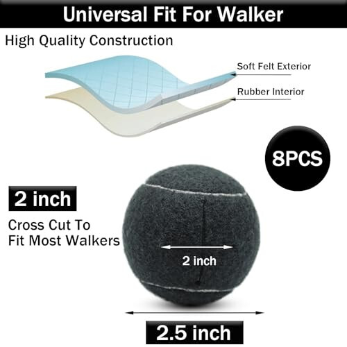 SHYUJAJIE 8 PCS Precut Walker Tennis Balls for Furniture Legs and Floor Protection, Heavy Duty Long Lasting Felt Pad Glide Coverings for Chair (Black) - 2