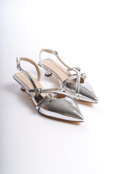 Silver 3 cm Heeled Women's Shoes with Strappy Buckle Detail Pointed Toe - 8