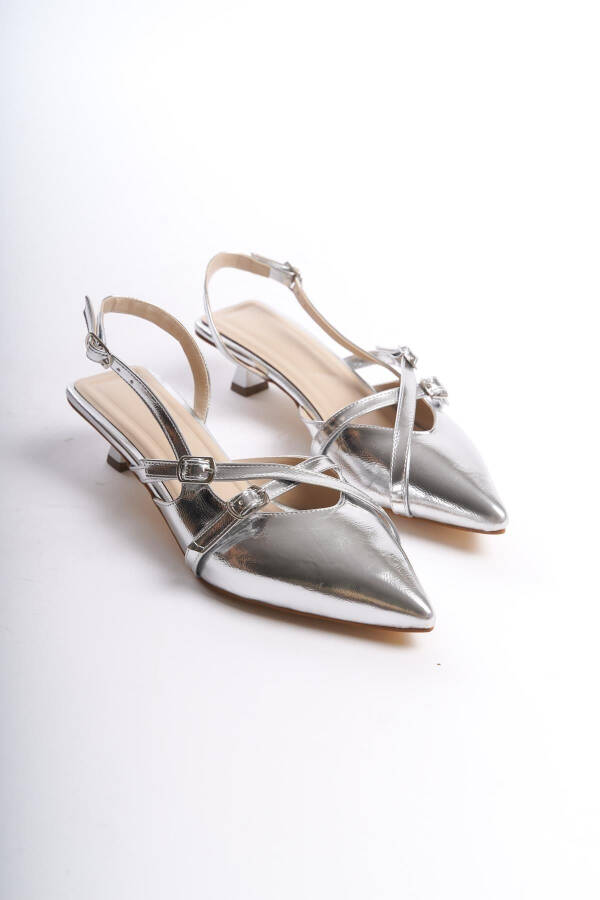 Silver 3 cm Heeled Women's Shoes with Strappy Buckle Detail Pointed Toe - 4