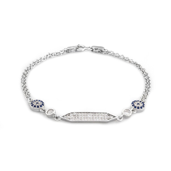 Silver Color 925 Sterling Silver Women's Bracelet with Blue and White Zircon Stone Flower Design - 4