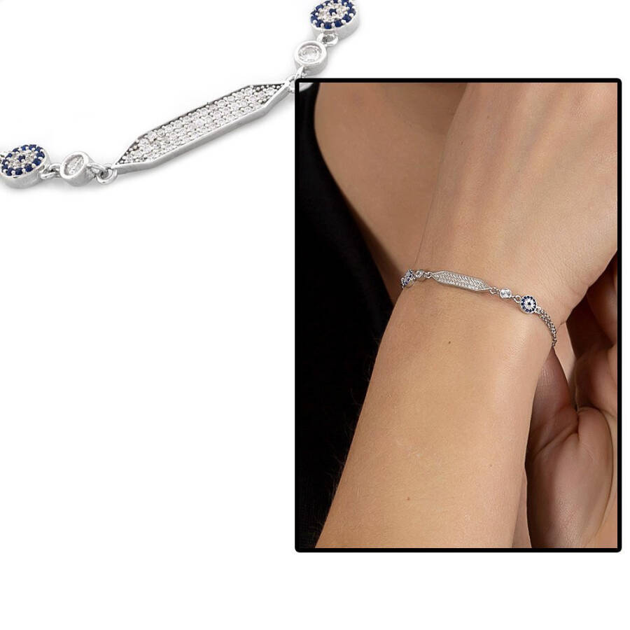 Silver Color 925 Sterling Silver Women's Bracelet with Blue and White Zircon Stone Flower Design - 5