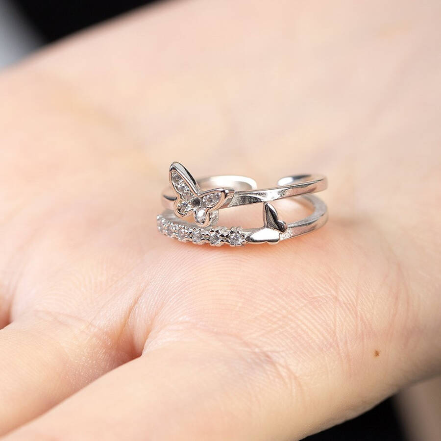 Silver Color Free Size 925 Sterling Silver Women's Ring with White Zircon Stone and Butterfly Detail - 3