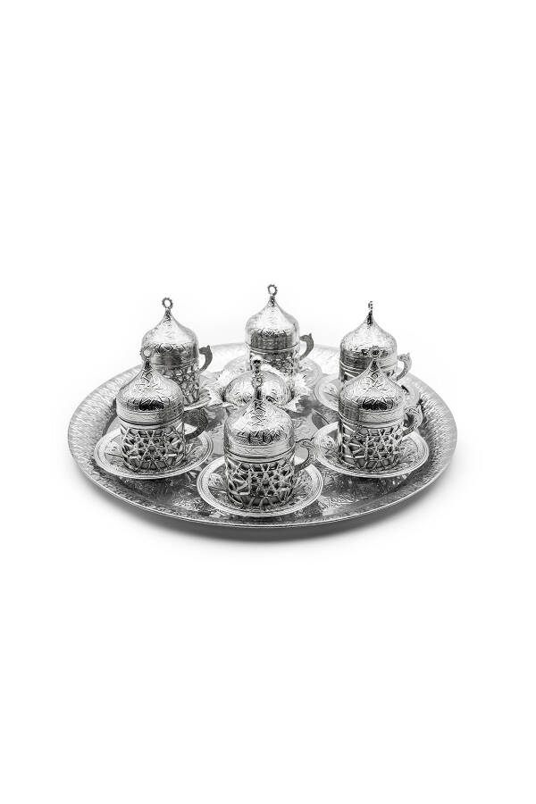 SILVER PLATED 6 PERSON COPPER COFFEE CUP SET - 1