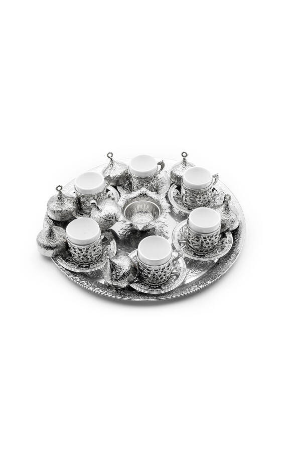 SILVER PLATED 6 PERSON COPPER COFFEE CUP SET - 2