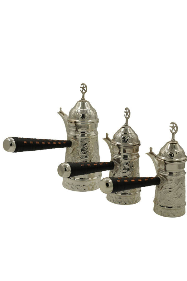 Silver Plated Embroidered 3-Piece Copper Mırra Coffee Pot Set - 1