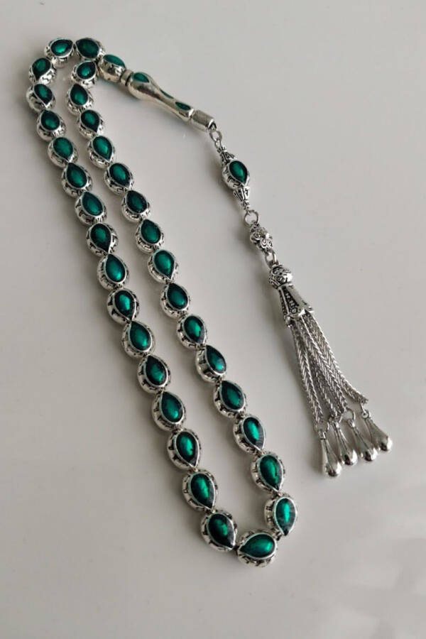 Silver Plated Mina Work Tasbeeh, Amber Color, Metal Tassel Model Tasbeeh - 4