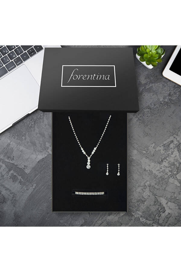 Silver Plated Tria Necklace Earrings Bracelet Wedding Set Gift for Lover Gift for Mother Birthday Gift - 2