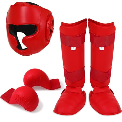 Simgoing 5 Pcs Red Sparring Gear Set 1 Pcs Boxing Headgear Safety Helmet 2 Pcs Karate Gloves 2 Pcs Karate Shin Guards and Karate Shoes Boxing Gear Equipment for Beginner Kid Adult Protective Training - 1