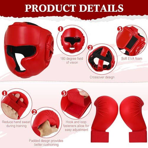 Simgoing 5 Pcs Red Sparring Gear Set 1 Pcs Boxing Headgear Safety Helmet 2 Pcs Karate Gloves 2 Pcs Karate Shin Guards and Karate Shoes Boxing Gear Equipment for Beginner Kid Adult Protective Training - 4