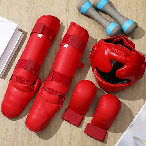 Simgoing 5 Pcs Red Sparring Gear Set 1 Pcs Boxing Headgear Safety Helmet 2 Pcs Karate Gloves 2 Pcs Karate Shin Guards and Karate Shoes Boxing Gear Equipment for Beginner Kid Adult Protective Training - 6