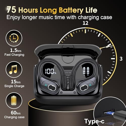 Simsiz quloqchinlar 75 soat Bluetooth 5.3, sport quloqchinlar, 2024 Bluetooth quloqchinlar stereo chuqur basli, quloq ilmoqlari bilan, ENC shovqinni bekor qiluvchi mikrofon, IPX7 suv o'tkazmaydigan quloqchin, mashg'ulotlar/yugurish uchun - 6