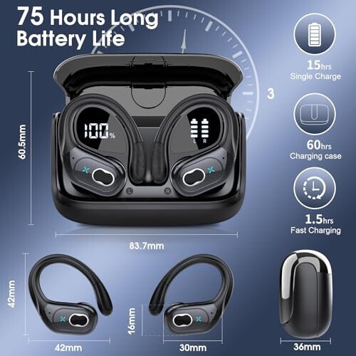 Simsiz quloqchinlar 75 soat Bluetooth 5.3, sport quloqchinlar, 2024 Bluetooth quloqchinlar stereo chuqur basli, quloq ilmoqlari bilan, ENC shovqinni bekor qiluvchi mikrofon, IPX7 suv o'tkazmaydigan quloqchin, mashg'ulotlar/yugurish uchun - 6