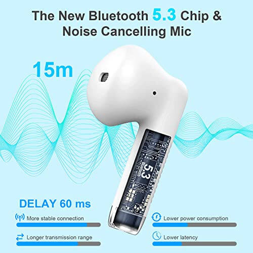 Simsiz Quloqchinlar, Bluetooth 5.3 Mikrofonli Shovqinni Be'kor Qiluvchi Quloq ichidagi Quloqchinlar, Stereo Bass Quloqchinlar, IP7 Su o'tkazmaydigan Sport Quloqchinlari, 32 soat Davom Etuvchi O'yin Vaqti USB C Zaryadlovchi Quloqchinlar Oq Android iOS - 2