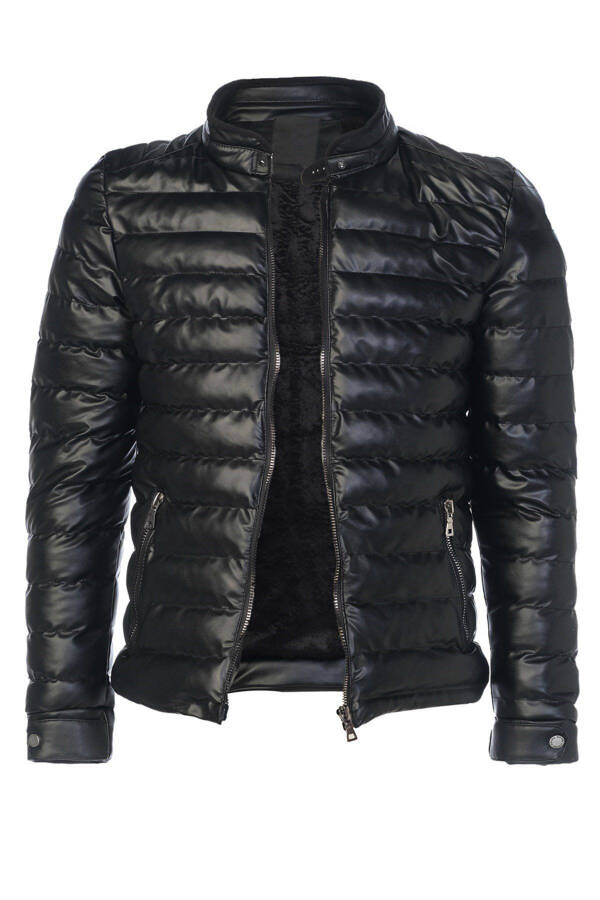 Sivaist Men's Black Slim Fit Thick Fur Lined Water Repellent Puffy Leather Jacket & Coat - 1