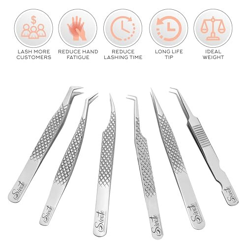 SIVOTE 6-Pack Professional Lash Extension Tweezers Set Japanese Steel, Silver - 2