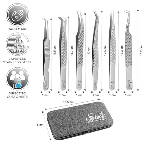 SIVOTE 6-Pack Professional Lash Extension Tweezers Set Japanese Steel, Silver - 4