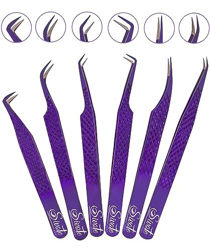 SIVOTE Eyelash Extension Tweezers Fiber Tips Japanese Steel, Set of 6, Curved, Dolphin, 90 Degree 45 Degree, Volume Boot & Slight Curved Tweezer, Purple - 1