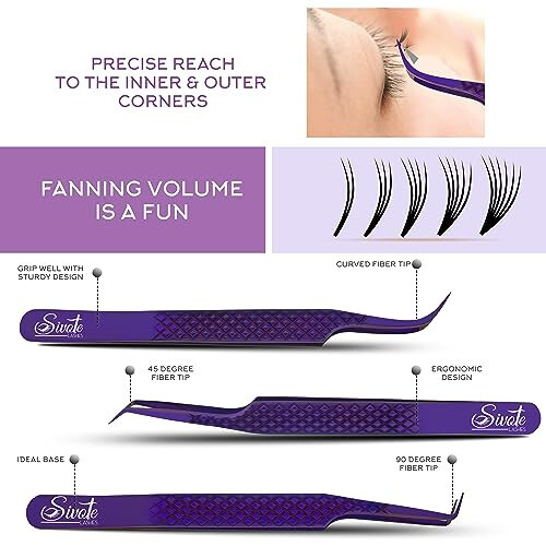 SIVOTE Eyelash Extension Tweezers Fiber Tips Japanese Steel, Set of 6, Curved, Dolphin, 90 Degree 45 Degree, Volume Boot & Slight Curved Tweezer, Purple - 2