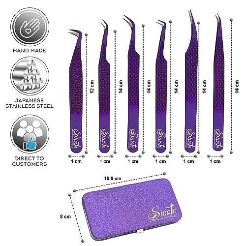 SIVOTE Eyelash Extension Tweezers Fiber Tips Japanese Steel, Set of 6, Curved, Dolphin, 90 Degree 45 Degree, Volume Boot & Slight Curved Tweezer, Purple - 4