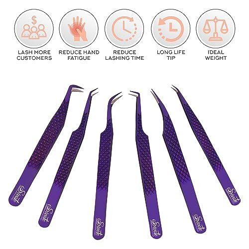 SIVOTE Eyelash Extension Tweezers Fiber Tips Japanese Steel, Set of 6, Curved, Dolphin, 90 Degree 45 Degree, Volume Boot & Slight Curved Tweezer, Purple - 5