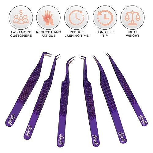 SIVOTE Eyelash Extension Tweezers Fiber Tips Japanese Steel, Set of 6, Curved, Dolphin, 90 Degree 45 Degree, Volume Boot & Slight Curved Tweezer, Purple - 5