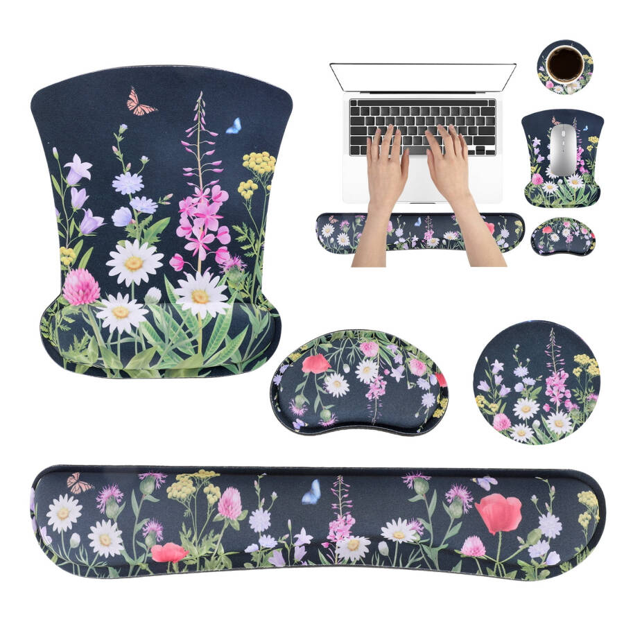 Sixwipe Ergonomic Mouse Pad with Wrist Rest, No Slip Desk Keyboard Wrist Rest and Computer Wrist Support, Memory Foam Keyboard Wrist Pad with Cup Coaster for Easy Typing and Hand Pain Relief. - 1