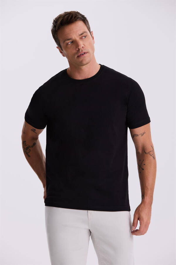 Siyah %100 Pamuk Slim Fit Bisiklet Yaka Basic T-Shirt - 2