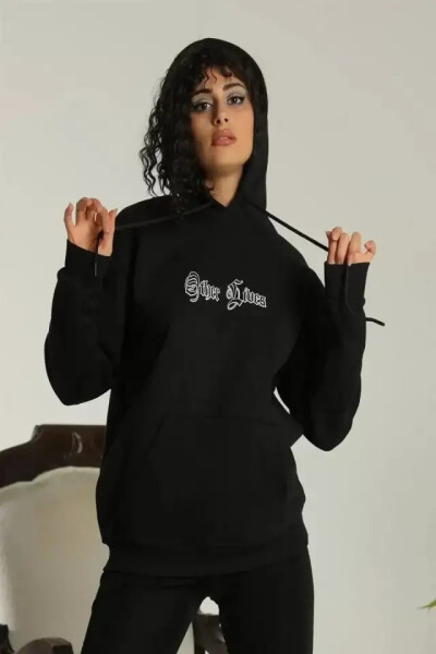 Siyah, oversize, üç iplik kapüşonlu sweatshirt. - 1