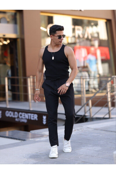 Siyah Slim Fit Bağcıklı, Beli Lastikli Düz Paça, Dokulu Erkek Jogger Pantolon - 6