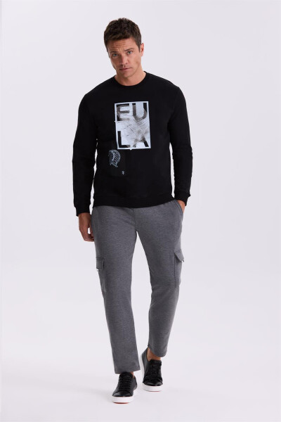 Siyah Slim Fit Bisiklet Yaka %100 Pamuk Sweatshirt - 2