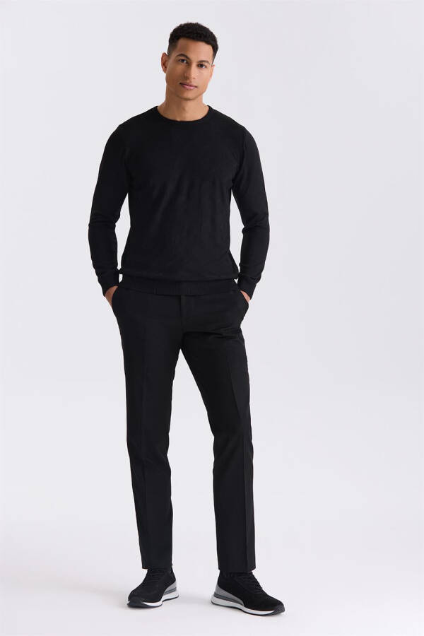 Siyah Slim Fit Bisiklet Yaka Desenli Triko Kazak - 2