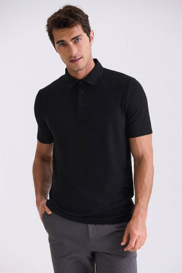 Siyah Slim Fit Desenli Polo Yaka T-shirt - 1