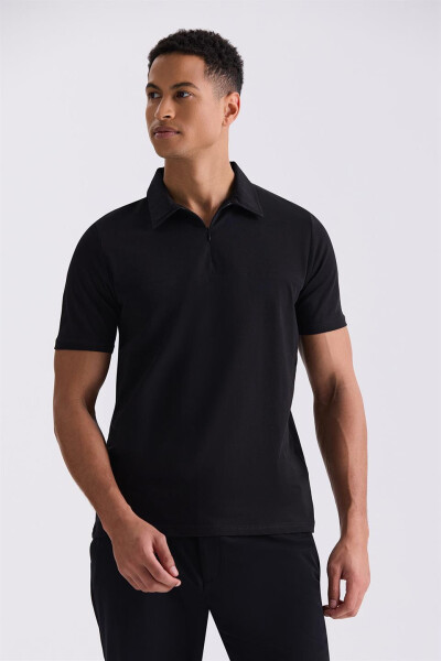 Siyah Slim Fit Fermuarlı Polo Yaka T-Shirt - 1